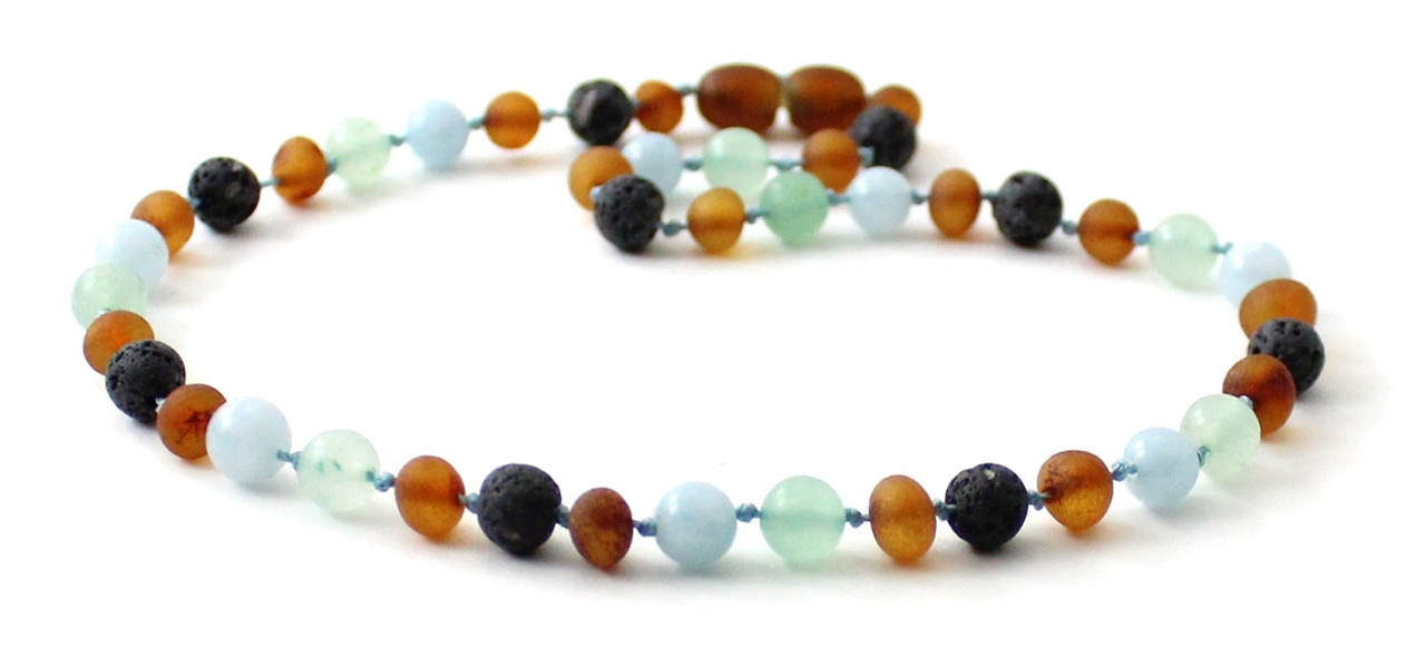 Barnsteen ketting baby/peuter cognac raw met lava, aventurijn en aquamarijn