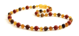 Barnsteen ketting volwassenen honey raw met tijgeroog en rode jaspis, 50 cm
