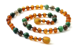 Barnsteen ketting volwassenen cognac raw met Afrikaanse Jade en Rookkwarts