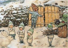 Elsa Beskow Ansichtkaart Kabouterkinderen in de sneeuw