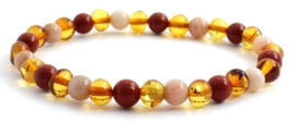 Barnsteen armbandje volwassenen honey met zonnesteen en rode jaspis, stretch