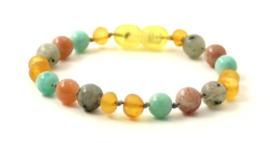 Barnsteen armbandje kind honey raw met labradoriet, zonnesteen en amazoniet