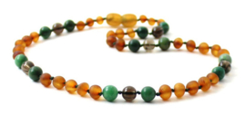 Barnsteen ketting baby/peuter cognac raw met afrikaanse jade en rookkwarts