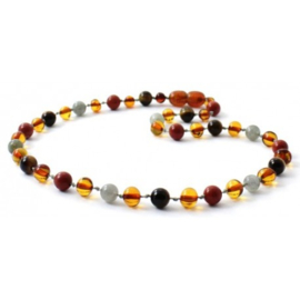 Barnsteen ketting kind cognac met rode jaspis, tijgeroog en labradoriet