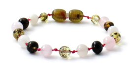 Barnsteen armbandje kind olive met maansteen en roze kwarts