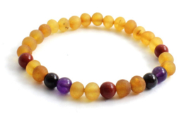 Barnsteen armbandje volwassenen honey raw met granaat, amethist en rode jaspis met extra lengte