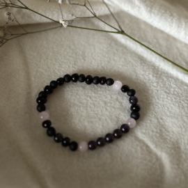 Barnsteen armbandje volwassenen cherry met rozenkwarts en amethist, stretch