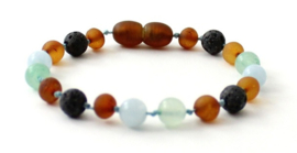 Barnsteen armbandje kind raw cognac met lava, aquamarijn en aventurijn