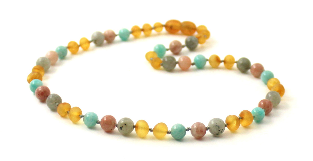 Barnsteen ketting kind honey raw met zonnesteen, aventurijn en labradoriet