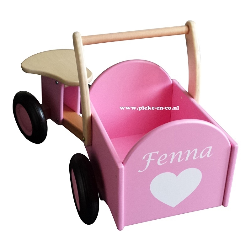 Houten Bakfiets met naam Roze Houten Speelgoed met naam Pieke&amp;co