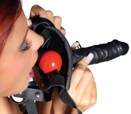 Fetisj hoofdmasker met mondbal en dildo