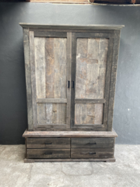 Oud houten kast klerenkast 2 deurs 4 laden kleerkast kastje met legplanken 155 x H221 x 54 cm oud hout 2 deurs keukenkast boekenkast servieskast landelijk industrieel