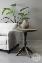 Oud vergrijsd houten tafel tafeltje rond 70 cm wijntafel wijntafeltje landelijk stoer grijs bijzettafel bijzettafeltje