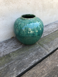 Oude stenen kruik kruikje potje pot turkoise zeegroen gemberpot turqoise turkoois turquoise vaas landelijk vintage