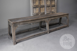 Landelijke oude vergrijsd houten lange bank eetkamerbank eettafelbank 179 cm