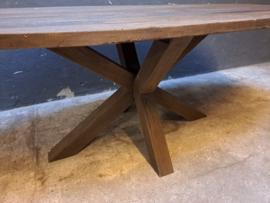 Robuuste oud vergrijsd houten ovale tafel 240 x 110 cm kloostertafel tafel eettafel landelijk industrieel stoer vintage retro urban leestafel ovaal