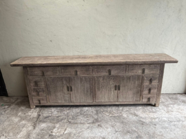 Prachtig groot lang oud vergrijsd houten dressoir televisie kast tv meubel 264 cm lang landelijk sober werkbank Sidetable keukenblok wandkast 149