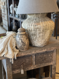Oud houten Nepal pot met deksel stoer landelijk doorleefd