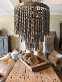 Prachtige stoere lamp hanglamp vergrijsd houten kralen zwart grijs black grey kroonluchter 40 cm landelijk stoer