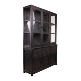 Mooie grote zwarte hoge kast met glas servieskast 220 x  150 x 45 cm vitrinekast keukenkast zwart hout landelijk stoer industrieel