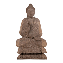 Grote vergrijsd houten boedha Boeddha budha Beeld landelijk vintage  110 x 60 x 30 cm