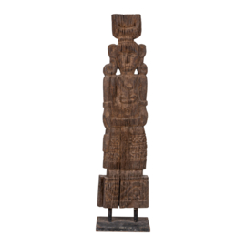 Oud hoog vergrijsd houten beeld pop man op voet landelijk stoer sober 80 cm