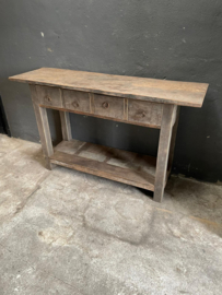 Oud vergrijsd houten sidetable wandtafel sideboard ladekast landelijk stoer sober 140 cm