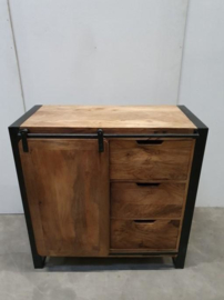 Stoer industrieel houten kastje kast dressoir schuifdeur sidetable met metaal en 3 lades vintage