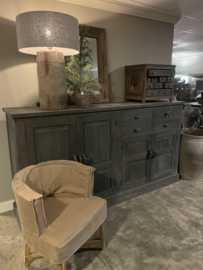 Landelijk groot vergrijsd grijs houten dressoir 224 x 53 X H120 cm wandmeubel stoer lades deurtjes werkbank Sidetable