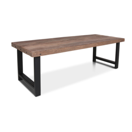 Stoere landelijke industriële tafel eettafel 300 x 95 cm bassano grof vergrijsd houten blad metalen onderstel poten industrieel stoer