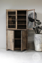 Grote teakhouten truckwood kast keukenkast vitrinekast servieskast hout houten glas landelijk industrieel H190 x B100 x D40 cm Railway SEP