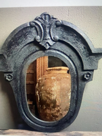 Prachtige grote Houten spiegel spiegels osseoog ossenoog oeil de boeuf landelijk zwart black hout