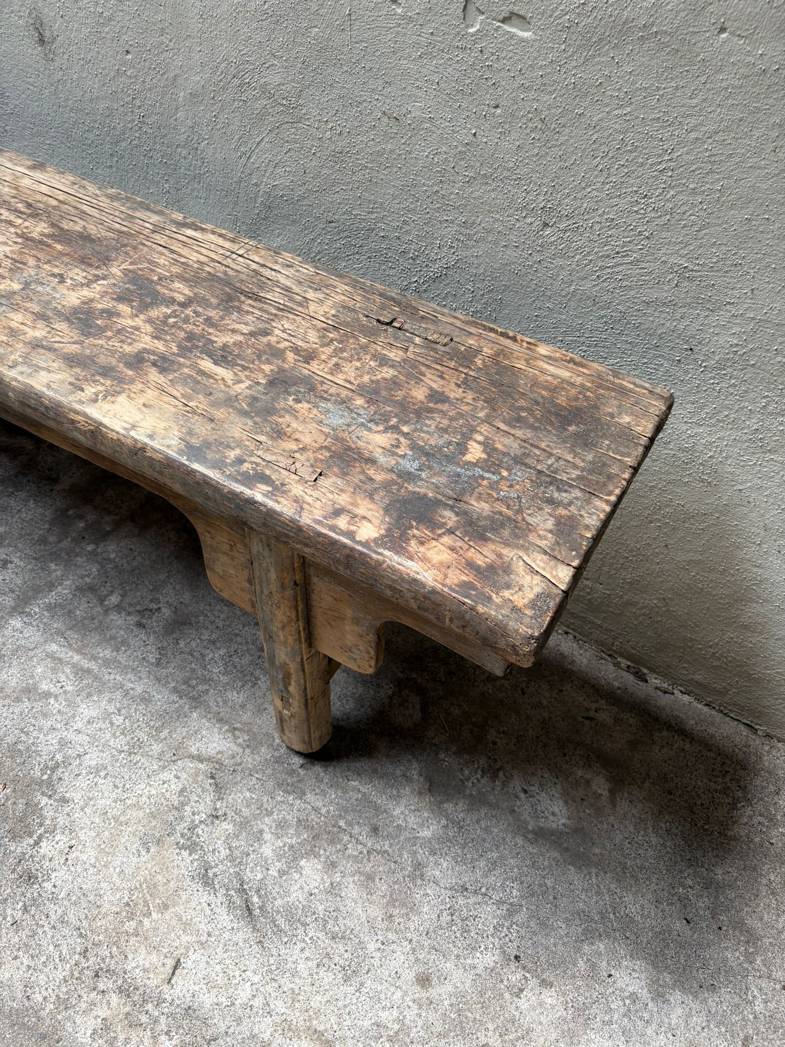 Prachtige oude vergrijsd houten bank sodetable 236 cm lang landelijk stoer
