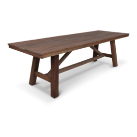 stoere  grote houten tafel teakhouten teakhout houten blad 240 x 90 cm houten onderstel landelijk stoer industrieel