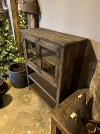 Oude houten kast vitrinekast keukenkast glaskast servies landelijk 129 x 100 x 49 cm