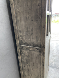 Mooie grote hoge kast met glas servieskast keukenkast  225 x 78 x 50 cm vitrinekast keukenkast vergrijsd hout landelijk stoer industrieel