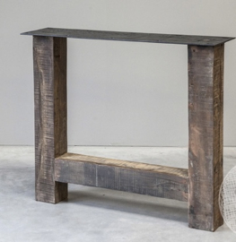 Oud vergrijsd houten tafel landelijk stoer 180 x 95 x 7 cm teakhout met houten poten