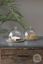 Glazen stolp op vergrijsd houten plateau plank hapjes H22 x 26 cm landelijk Den Haag