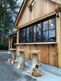 Gave wortel houten barkruk kruk stronk boomstam boomstronk met voetsteun landelijk industrieel vintage stoer urban