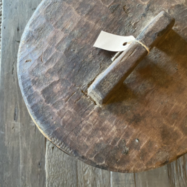Oude houten Ronde bak pot bruin  landelijk stoer schaal met deksel