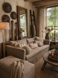 Prachtige grote linnen bank sofa landelijk sober stoer kussens Sits donker beige