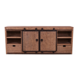 Stoer industrieel landelijk televisiemeubel televisiekast kast dressoir 240 x 49 x 97 cm schuifdeuren lades schuifdeurtjes Nico sidetable sideboard metaal hout vergrijsd