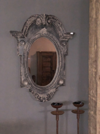 Prachtige grote Houten spiegel spiegeltje osseoog ossenoog oeil de boeuf landelijk antraciet grijs grijze vergrijsd hout