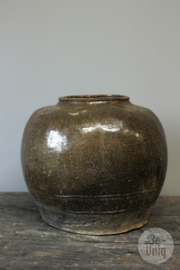Mooie oude stenen geglazuurde kruik pot vaas H37 x 43 cm origineel oude zoutpot