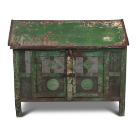 Oud groen metalen kippenhok hondenhok kennel hokje kastje vliegenkast poezenhuis vintage  keukenkastje opzet