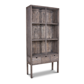Prachtige grote grijze grijs houten kast boekenkast roomdivider met lades en schappen vakken vergrijsd 225 x 106 x 40 cm