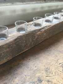 Stoer oud houten kandelaar theelicht theelichtjes biels stronk 95 cm 9 glaasjes hout grof nerf landelijk industrieel