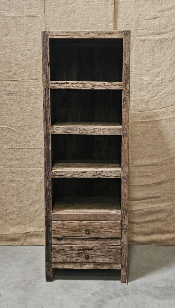 Old wood boekenkast smal landelijk stoer kast schap rek met lades en vakken truckwood railway H180 X 40 x B60 cm