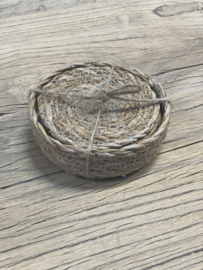 Set van 6 naturel jute onderzetters in houder landelijk stoer boho rond Dixie