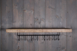 Houten wandrek wandplank wandkapstok met metalen stang & haakjes landelijk stoer industrieel 100 x 26 cm